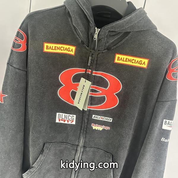 スタイリッシュ☆バレンシアガジップアップコピーBALENCIAGA SPONSOR LOGOS LARGE ZIP-UP HOODIE IN BLACK FADED-2