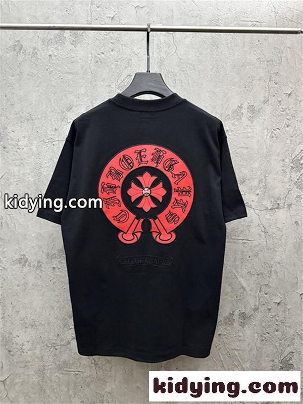 レッド 半袖Tシャツ Chrome Hearts クロムハーツ コピー 胸元サークルロゴ クルーネック ワンポイントデザイン ゆったりシルエット-4