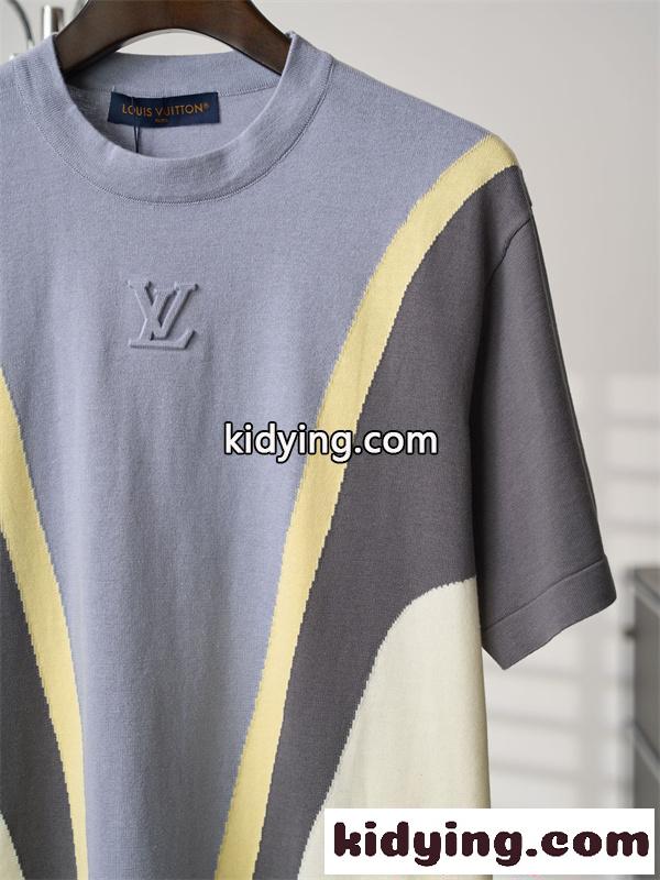 撞色ニット ルイ・ヴィトン スーパーコピー 半袖Tシャツ 立体LVロゴ 浮き彫りデザイン グレー ブルー クリーム 夏 上品 Louis Vuitton-3