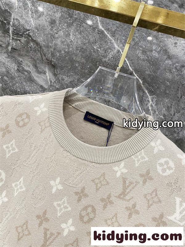 ベージュ 半袖ニットTシャツ Louis Vuitton モノグラム総柄 ルイヴィトン コピー 同色ロゴ編み クルーネック リブ襟-2