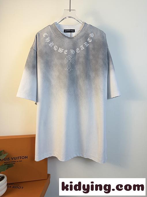 グラデーション 半袖Tシャツ Chrome Hearts クロムハーツ コピー ゴシックロゴ クロスモチーフ ウォッシュ加工 ルーズフィット ブラック-6