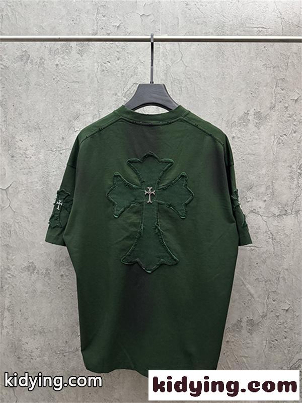 グリーン 半袖Tシャツ Chrome Hearts クロムハーツ コピー ネックゴシックロゴ ウォッシュグラデーション クロスワッペン風 ゆったりシルエット-2