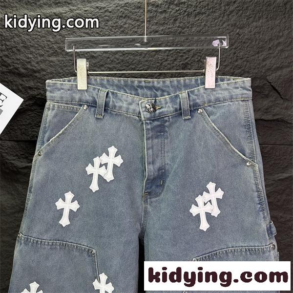 ライトブルー デニムショーツ Chrome Hearts クロムハーツ コピー ブラッククロスワッペン ウォッシュ加工 ハーフパンツ ワイドシルエット-8