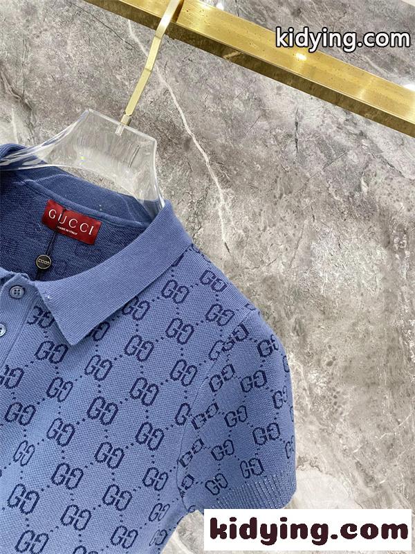ブルー 半袖ニットポロ GUCCI GG総柄 グッチ コピー グラデーション切替 襟付き ボタンネック リブ袖-3
