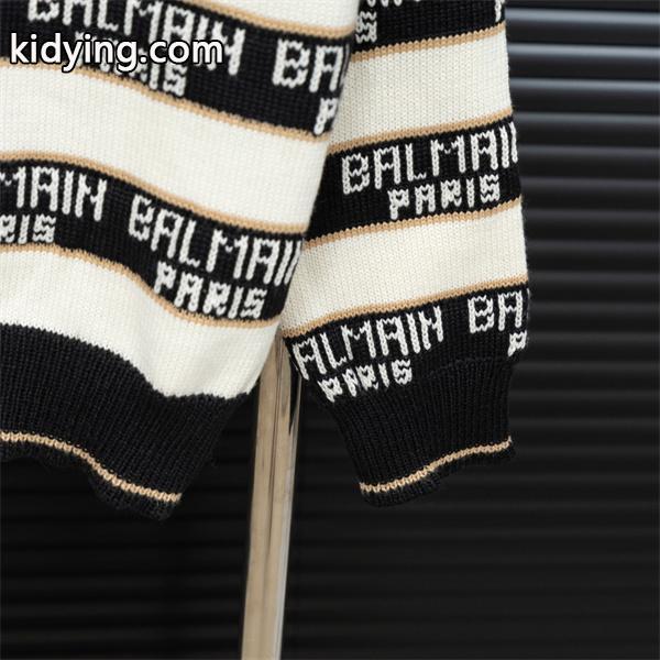 BALMAIN 偽物 秋冬ブランド 上質 ブラック × ホワイト ストライプ满印ロゴ ニットセーター バルマン-4