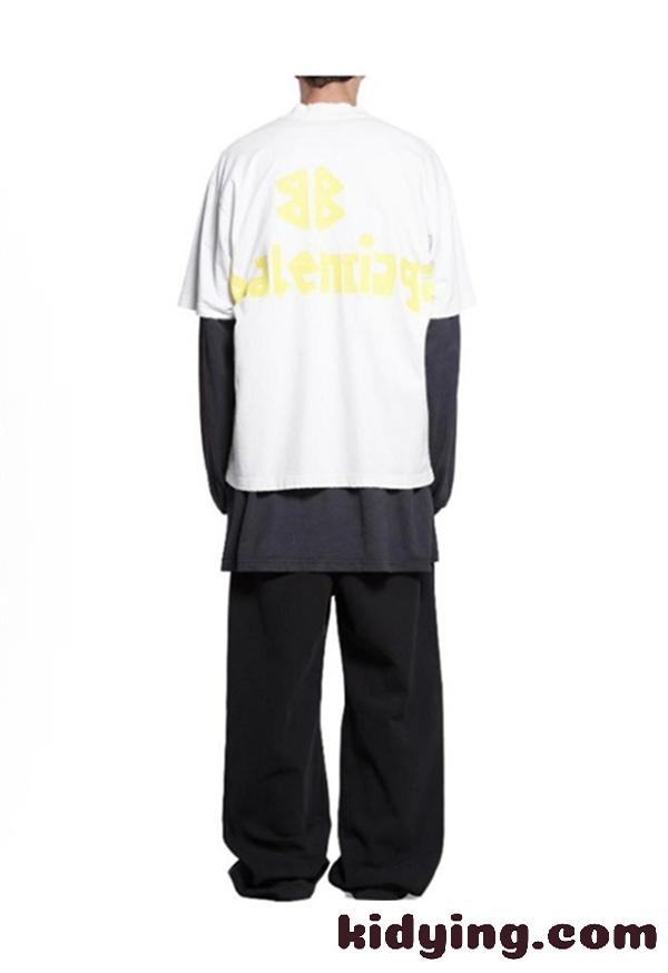 ライムイエロー 半袖Tシャツ BALENCIAGA ビッグロゴプリント バレンシアガ コピー オーバーサイズ クルーネック メンズカジュアル-3