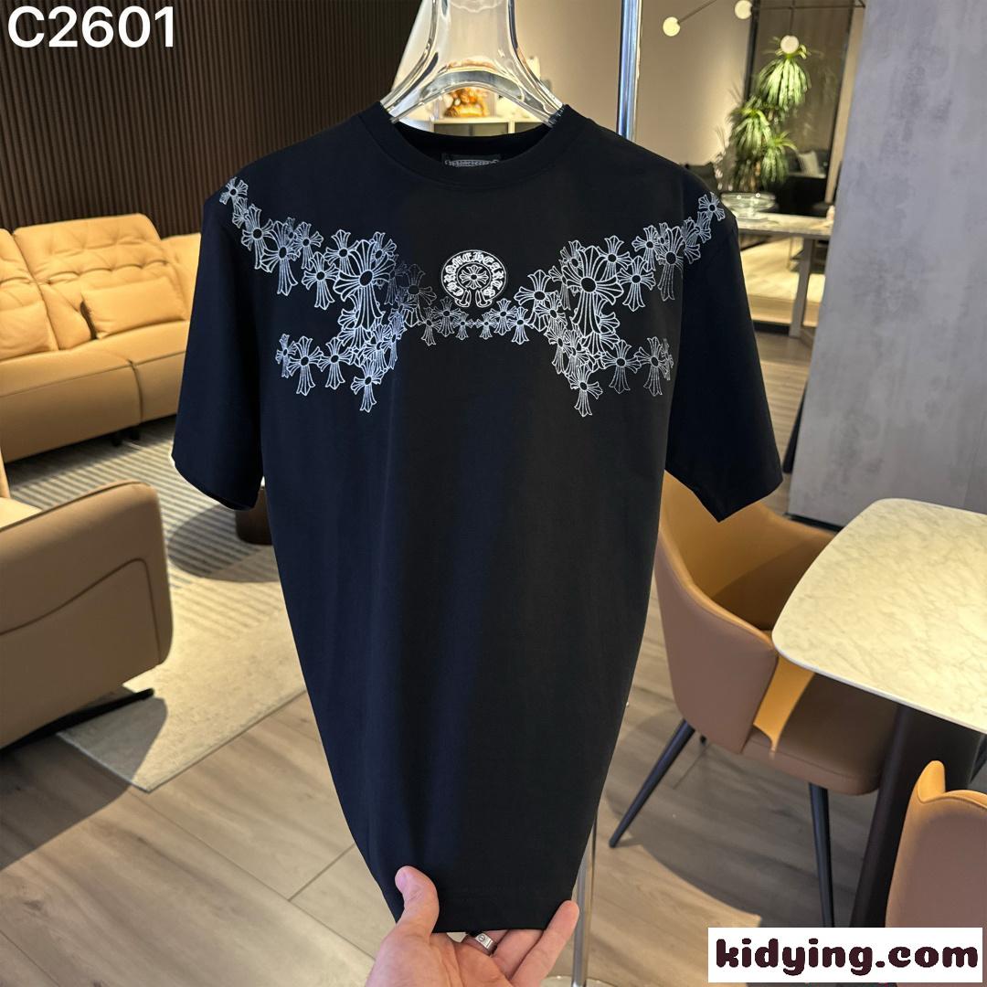 クロムハーツ コピー 半袖 Tシャツ ブラック ホワイト クロス刺繍ロゴ フラワーモチーフ ストリートファッション メンズ Louis Vuitton-0
