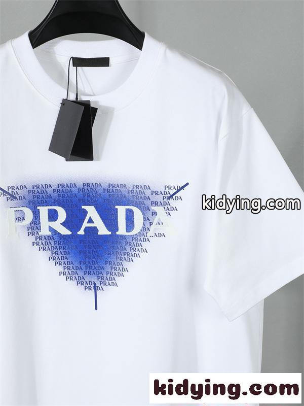 シンプル半袖 PRADA コピー Ｔシャツ ホワイト ブルー配色 プラダ 上品 カジュアル 夏コーデ 爽やか 夏向け 軽やか-6