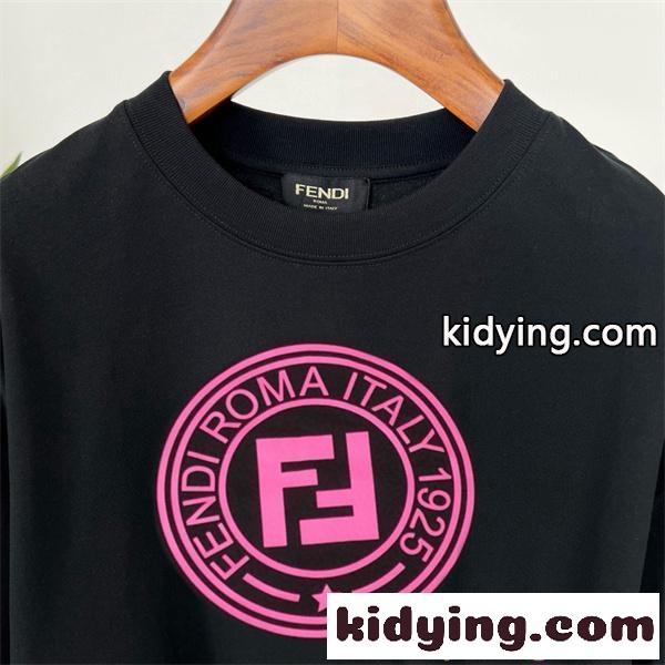 存在感 フェンディ コピー ピンクプリント FENDI ブラック 半袖 Tシャツ ビッグロゴ ストリート-1
