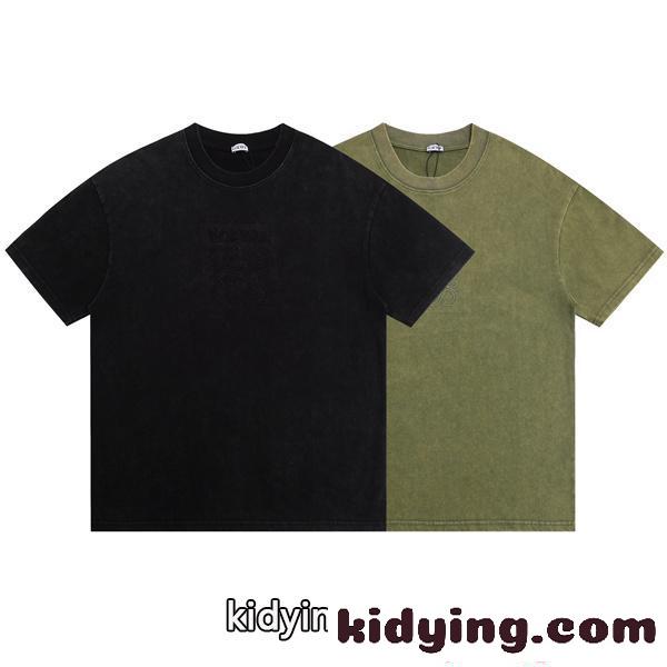 ロエベ コピー 字母刺繍 loewe 半袖Tシャツ クルーネック ブラック グリーン ヴィンテージカジュアル-4