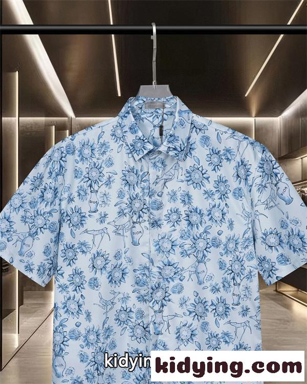 DIOR 総柄 半袖 スーパーコピー シャツ フラワーモチーフ ブルー ホワイト メンズ リゾート カジュアル 夏 ファッション 定番-2