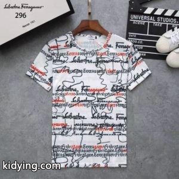 FERRAGAMO超激得大人メンズ高品質tシャツ英字プリント夏物美しいライン黒白赤色フェラガモ 激安-2