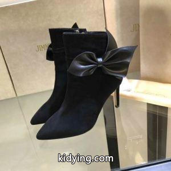 KASSIDY85SUN_SDark Grey ナッパレザーリボン付き Dark Grey スエード・アンクルブーティージミーチュウコピーシューズ-0