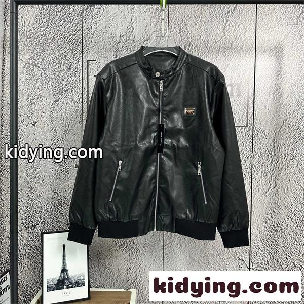 ブラックブルゾン レザー調 Dolce&Gabbana ドルチェガッバーナ スーパーコピー スタンドネック ジップアップ ファスナーポケット きれいめ-0