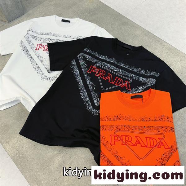 話題独占 オレンジ ホワイト ストリートモード PRADA プラダ コピー 半袖 Tシャツ-0