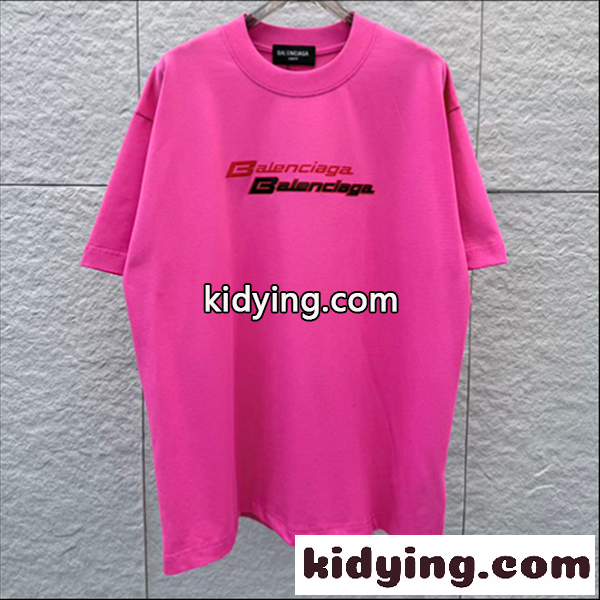 ビビッドピンク 半袖Tシャツ BALENCIAGA バレンシアガ コピー ダブルロゴプリント クルーネック ゆったりシルエット メンズカジュアル-0