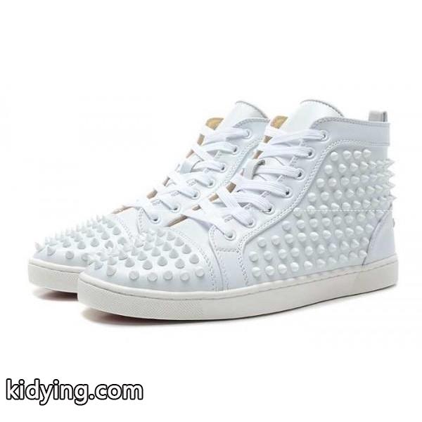 人気セールHOTルブタンルイスフラットスパイクスハイカットスニーカーホワイト Louis Spikes Flat-0