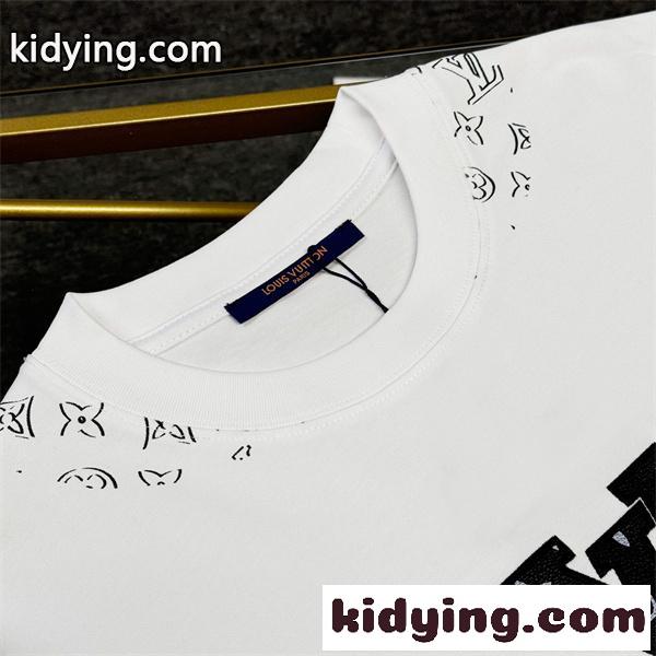 ホワイト 半袖Tシャツ Louis Vuitton センターロゴ ルイヴィトン コピー モノグラム柄LV刺繍風 クルーネック 裾袖ロゴプリント-6