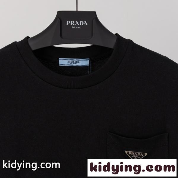 PRADA プラダ メンズ 半袖Tシャツ ポケット付き 三角ロゴ 無地 コットン ミニマル 上品 定番 快適-2