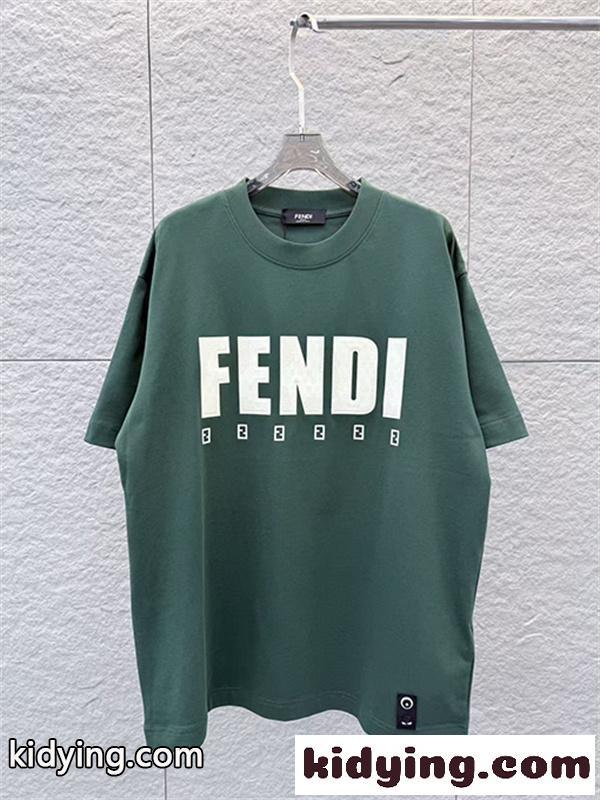 ディープグリーン 半袖Tシャツ FENDI フェンディ コピー ビッグロゴプリント FFミニパターン クルーネック ゆったりトップス-4