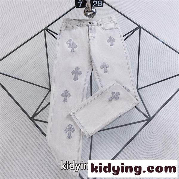 ライトグレー デニムパンツ Chrome Hearts クロムハーツ コピー クロス刺繍パッチ ウォッシュ加工 ストレートシルエット 5ポケットジーンズ-0