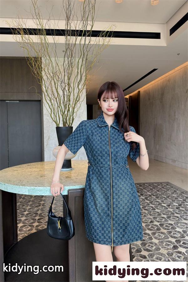 デニムモノグラム フロントジップデザイン きれいめスタイル フレンチムード GUCCI グッチ コピー ワンピース-6