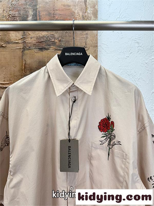 ベージュ 半袖シャツ BALENCIAGA ローズ刺繍 バレンシアガ コピー 胸ポケット付き ボタンフロント ゆったりシルエット-5