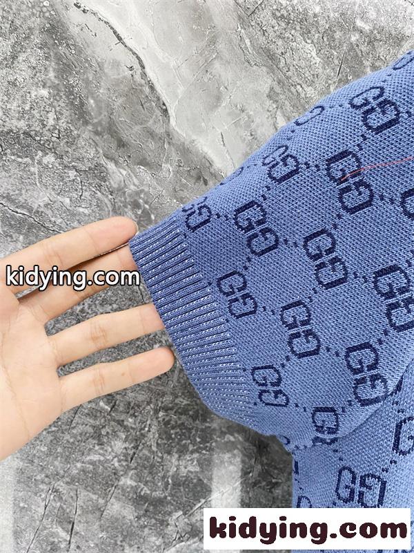 ブルー 半袖ニットポロ GUCCI GG総柄 グッチ コピー グラデーション切替 襟付き ボタンネック リブ袖-5