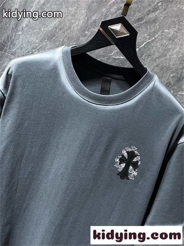 ブラック 半袖Tシャツ Chrome Hearts グレークロスバックプリント クロムハーツ コピー 胸元クロスロゴ クルーネック ゆったりシルエット-6