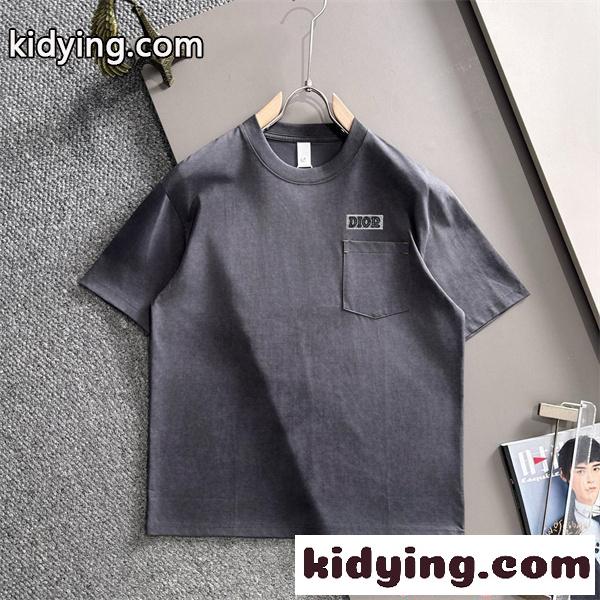 ディオール コピー ポケット付き Tシャツ 半袖 ワイドシルエット グレー 刺繍仕上げ ウォッシュカラー 軽量素材 カジュアル-0
