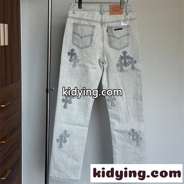 ライトグレー ストレートデニムパンツ Chrome Hearts クロムハーツ コピー クロスパッチ装飾 ウォッシュ加工 5ポケット ジーンズ-1