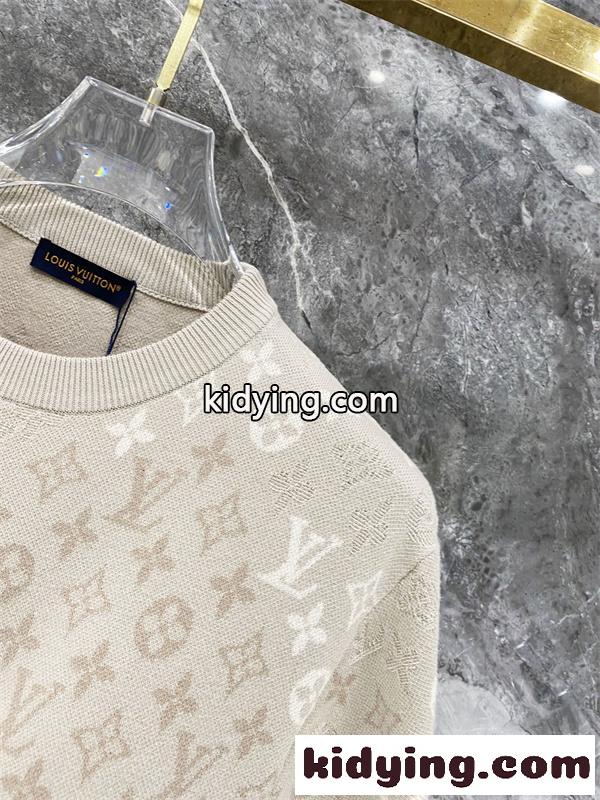 ベージュ 半袖ニットTシャツ Louis Vuitton モノグラム総柄 ルイヴィトン コピー 同色ロゴ編み クルーネック リブ襟-3