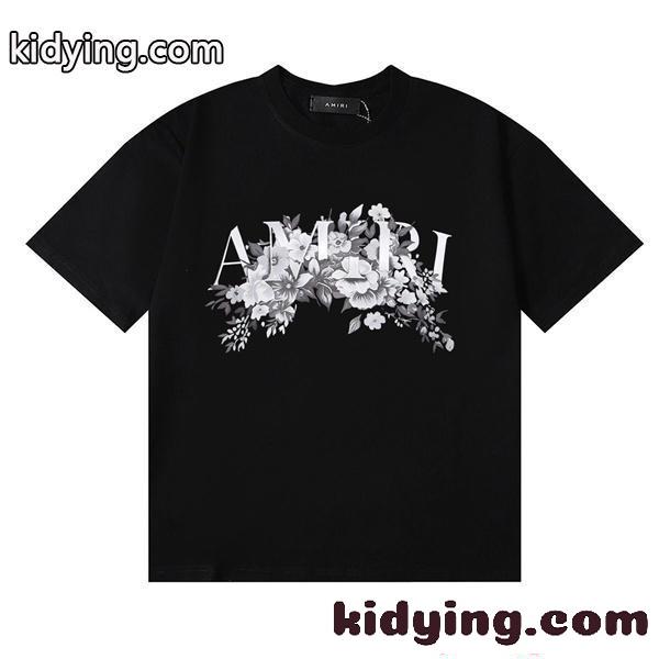 アミリ AMIRI コピー Tシャツ メンズ フラワーロゴ プリント 半袖 クルーネック ブラック アートデザイン ストリート系-2