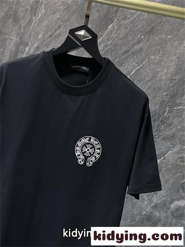 ブラック ホワイト 半袖Tシャツ Chrome Hearts クロムハーツ コピー 胸元サークルプリント カラーロゴ 丸首 カジュアルトップス-3