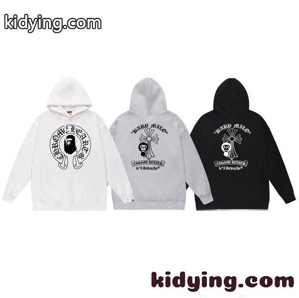 人気 新登場 コピー パーカー プリント 裏起毛ストリート 2026新作 CHROME HEARTS X BAPE-6