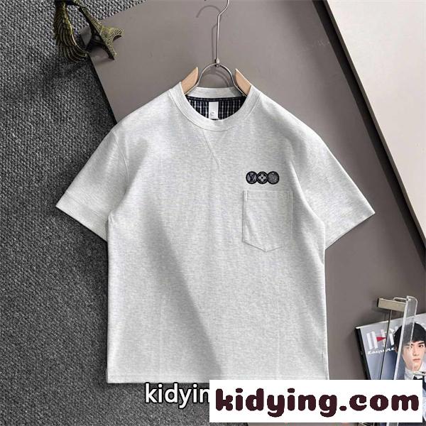 ルイ・ヴィトン コピー ワンポイントポケットTシャツ 半袖 グレーメランジ ロゴ刺繍 クルーネック ミニマル カジュアル LOUIS VUITTON-0