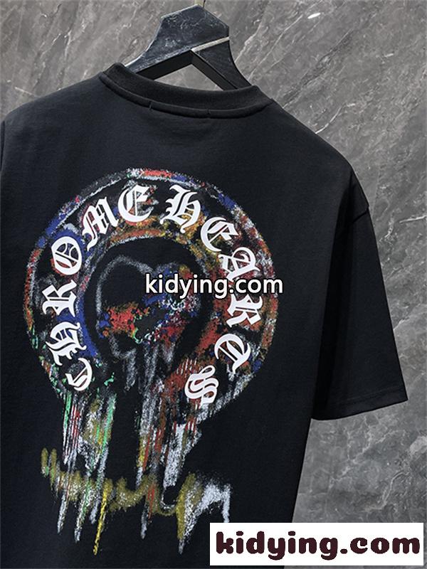 ブラック ホワイト 半袖Tシャツ Chrome Hearts クロムハーツ コピー 胸元サークルプリント カラーロゴ 丸首 カジュアルトップス-5