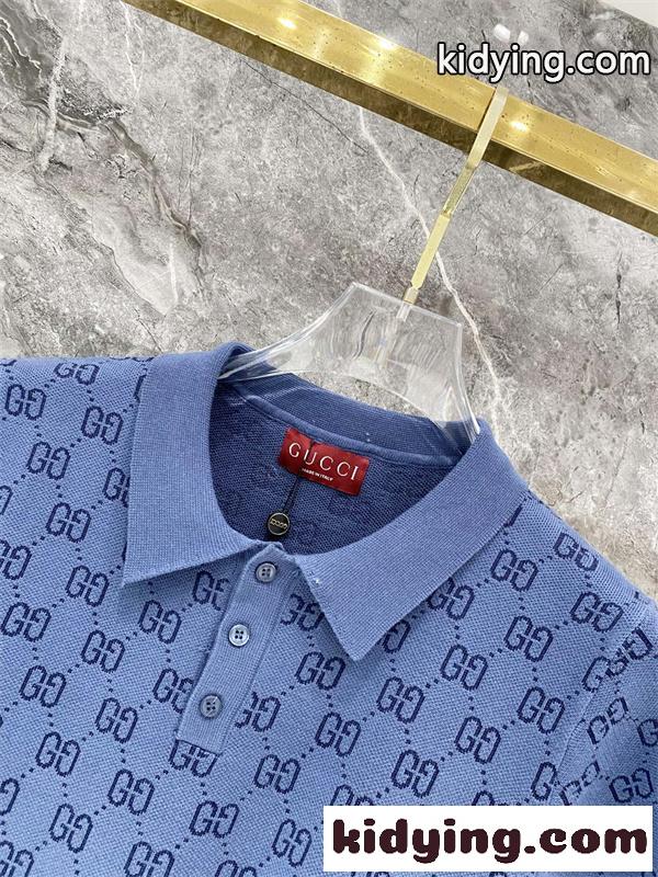 ブルー 半袖ニットポロ GUCCI GG総柄 グッチ コピー グラデーション切替 襟付き ボタンネック リブ袖-2
