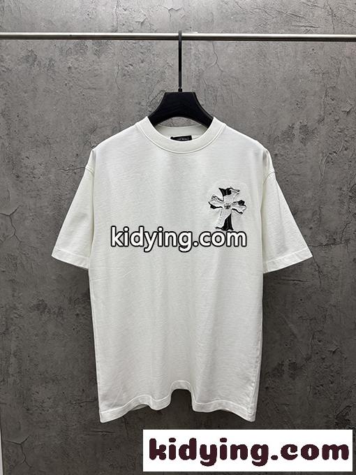 ディープグリーン 半袖Tシャツ Chrome Hearts クロムハーツ コピー 胸元サークルロゴ 同色刺繍調 クルーネック ゆったりシルエット-6