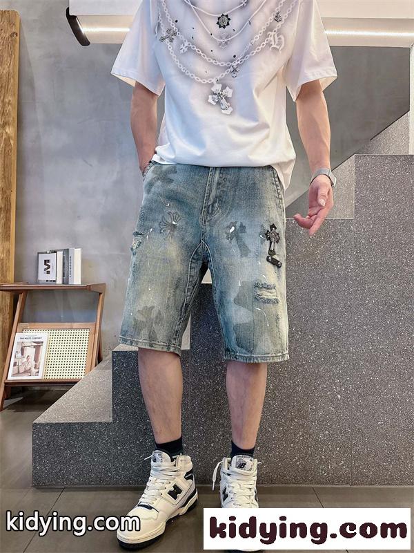 ラックデニム ショートパンツ Chrome Hearts クロスパッチ装飾 クロムハーツ コピー カットオフ裾 レッドホワイト ワイドポケット-6