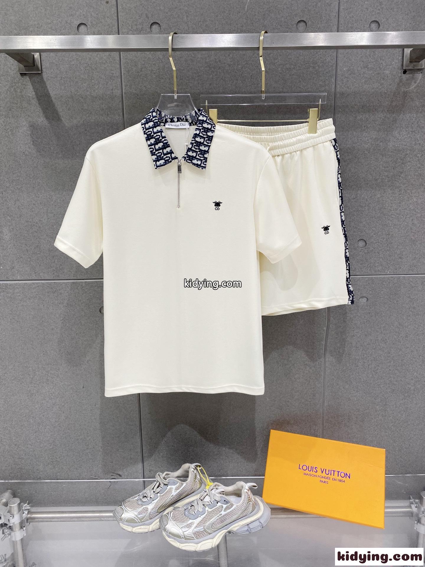 ディオール コピー スポーティーセット 半袖ポロシャツ ショートパンツ ホワイト ネイビーライン Dior-0