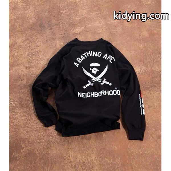 ベイプ BAPE コピー 秋冬 高品質 ホワイト ネイバーフッド コラボ スカル猿人头 長袖 T シャツ-1