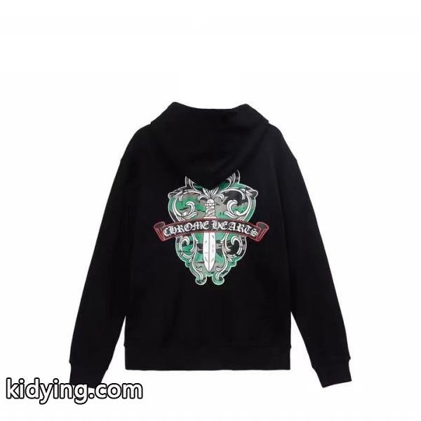 クロムハーツ 偽物 ジップパーカー 魅惑 印象的 クロスハート ロゴデザイン ブラック CHROME HEARTS-1