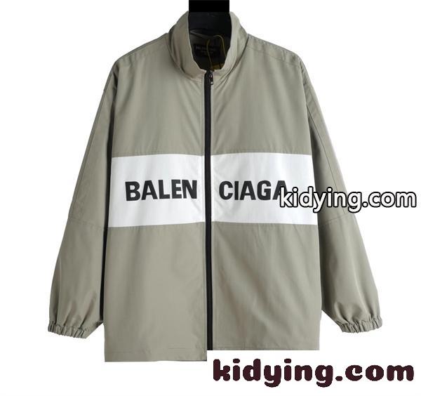 カーキグレー ジップジャケット BALENCIAGA ホワイトラインロゴ バレンシアガ コピー スタンドカラー フルジップ ナイロン調アウター-0