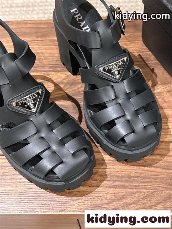 Prada 26ss プラダサンダルコピー 編み上げデザインのローマ厚底サンダル黒色上質9㎝高さ-4