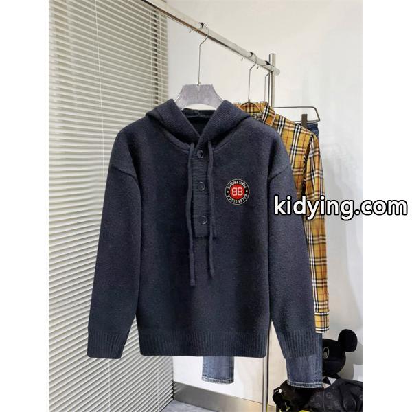 バレンシアガ コピー ニットパーカー ブラック ボタン付き ロゴワッペン カジュアル BALENCIAGA-0