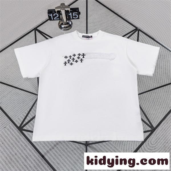 ブラック 半袖カットソー Chrome Hearts クロムハーツ コピー バックビッグクロス マルチカラー刺繍調 クルーネック ストリートトップス-0
