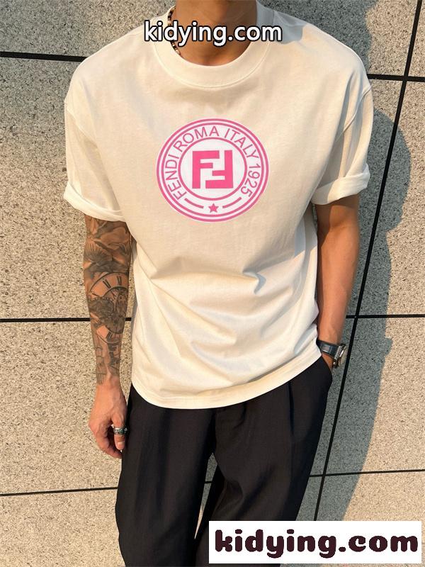存在感 フェンディ コピー ピンクプリント FENDI ブラック 半袖 Tシャツ ビッグロゴ ストリート-4
