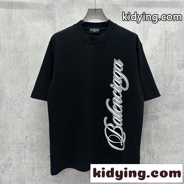 バレンシアガ コピー 半袖Tシャツ ワイドフィット ブラック ホワイト 片面プリント 縦配置 Balenciaga シンプル-0