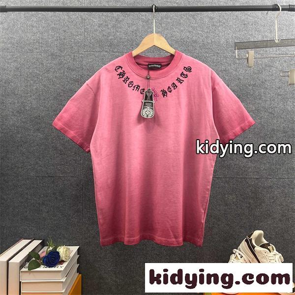 ピンク 半袖Tシャツ ネックロゴ クロスモチーフ バックプリント 甘辛ストリート クロムハーツ コピー Chrome Hearts-0